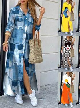 Multicolour floral lapel party long blouse dress 印花衬衣裙