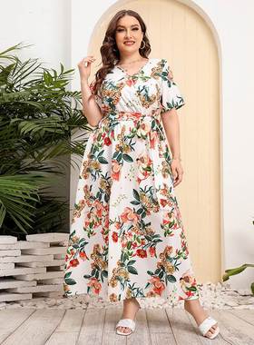 345XL large size 200 catty women printed summer waist dress