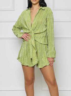 Pleated Shirt Ruffle Shorts Set 欧美翻领长袖衬衫短裤压褶套装