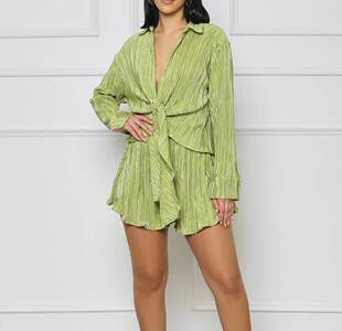 Pleated Shirt Ruffle Shorts Set 欧美翻领长袖衬衫短裤压褶套装