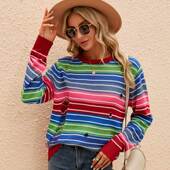 Sweater Neck Long Color Sleeve Round Striped Loose