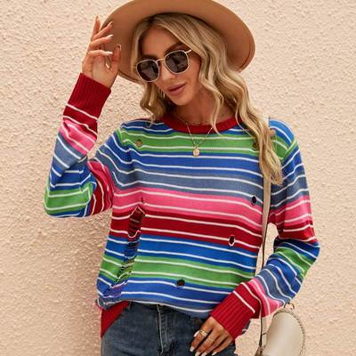 Color Sweater Long Sleeve Round Neck Striped Sweater Loose