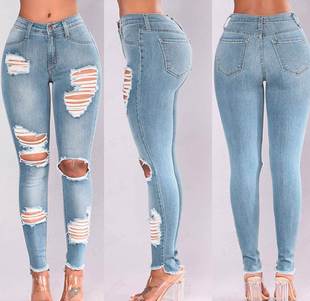2023 Fashion elastic jeans ripped women ladies jeans pants女