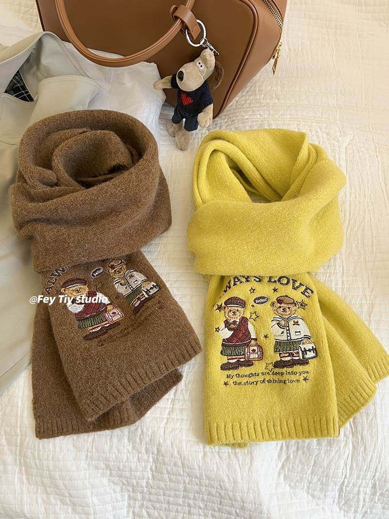 韩国ins新款刺绣学院风小熊针织圣诞围巾女秋冬季保暖日系仿羊绒,服饰配件/皮带/帽子/围巾,围巾/丝巾/披肩,淘宝优惠券,粉丝福利购,淘宝优惠卷