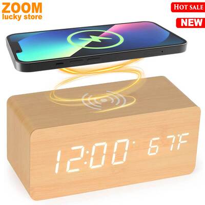 Wireless charging Digital alarm clock Wooden LED alarm clock