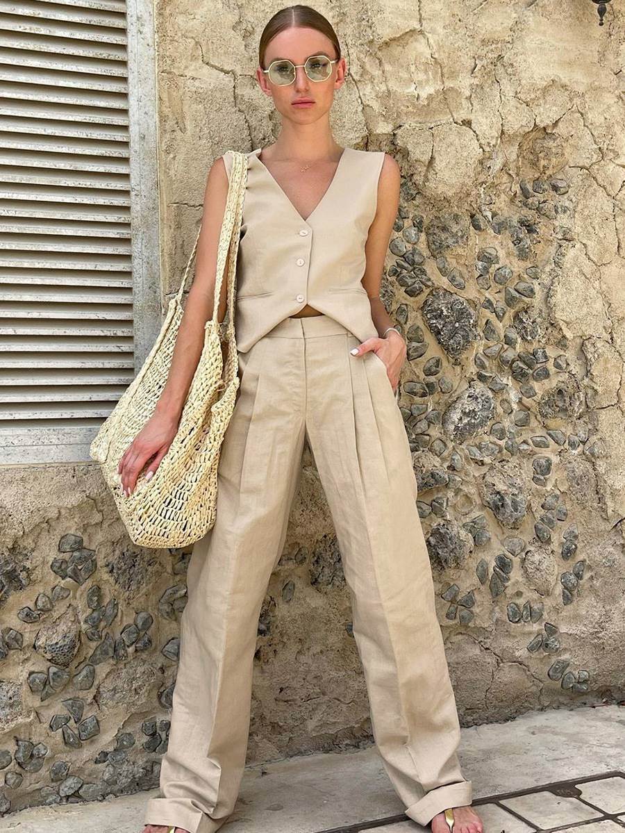 夏季棉麻无袖背心马甲长裤套装女两件套女装vest pants set women