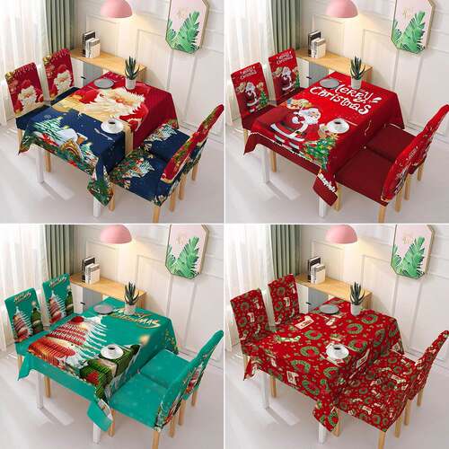 Christmas tablecloth圣诞涤纶防水桌布连体印花椅套喜庆装饰卡通