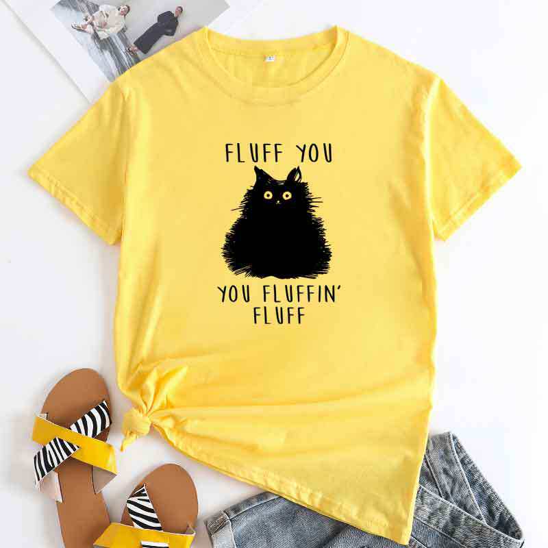 women Cotton print tshirt女大码宽松休闲猫字母印花纯棉短袖T恤图片
