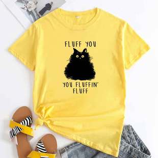 women Cotton print tshirt女大码宽松休闲猫字母印花纯棉短袖T恤
