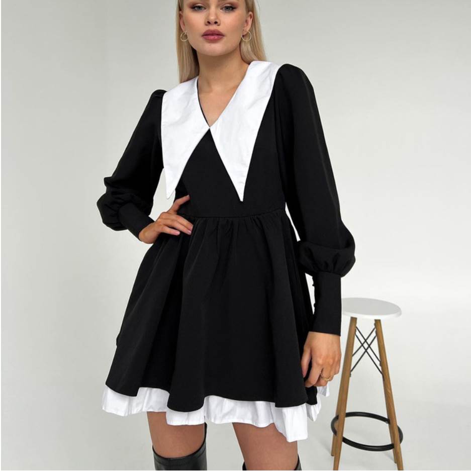 Doll Neck Dress 法式设计感娃娃领长袖黑色收腰大摆荷叶边连衣裙