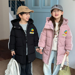 新款2024中长款加厚棉服男宝女宝宝儿童中大童棉袄三条杠印花
