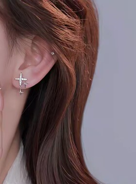 S999银针四芒星耳钉女小众设计高级感小巧精致日常百搭耳钉
