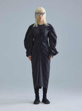 UPON PRO黑色解构泡泡袖开叉小众设计师暗黑风中长连衣裙