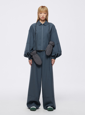 UPON PRO冬蓝色灯笼袖设计感羊毛外套毛边廓形感开衫夹克