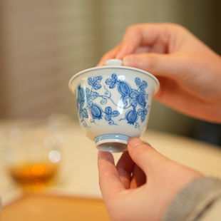 宛玉 致敬成化青花瓜瓞纹小盖碗100ml 不倒杯60ml 主人杯岩茶盖碗