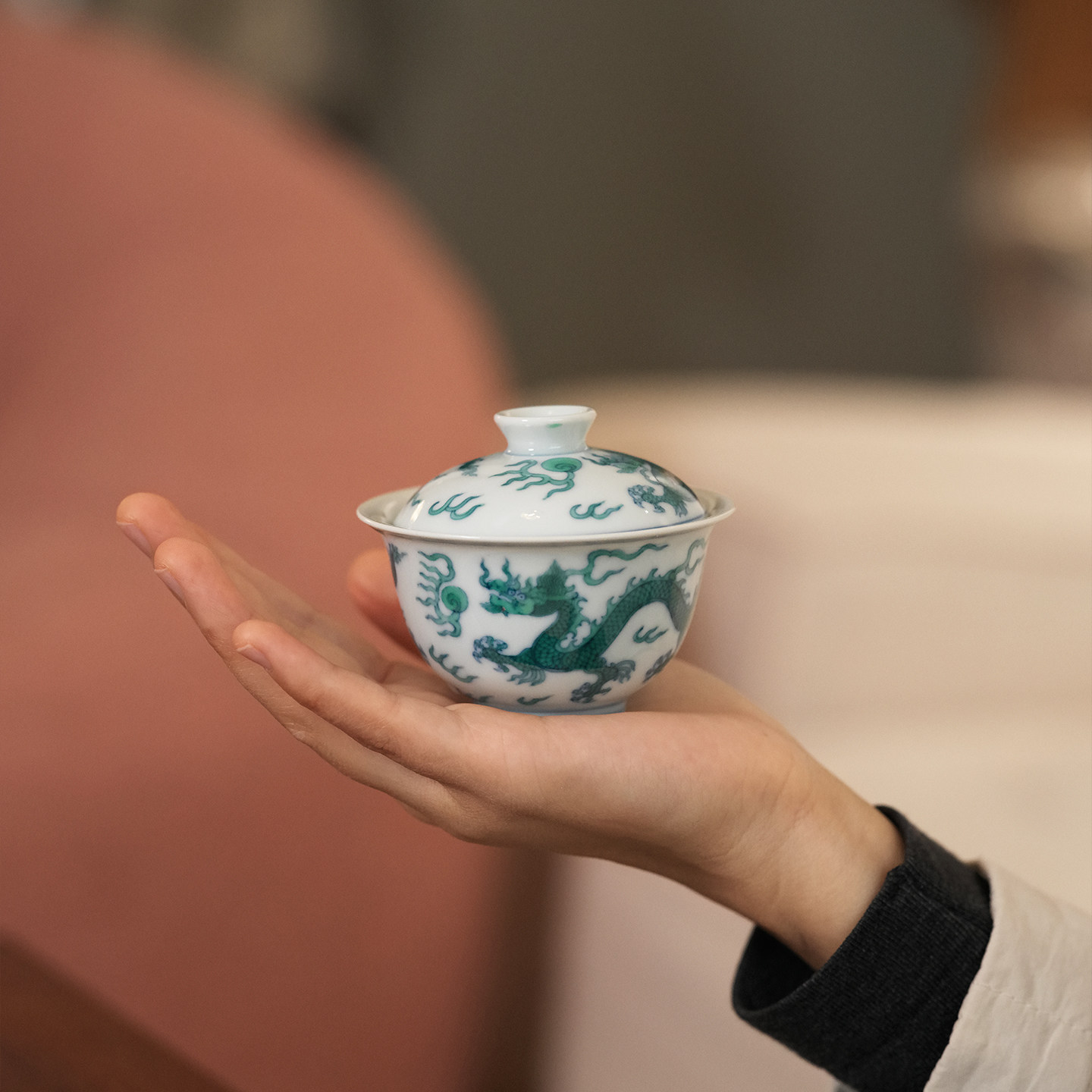 宛玉 斗彩绿龙纹盖碗 主人杯 品杯 釉下青花釉上绿彩龙纹茶器套组