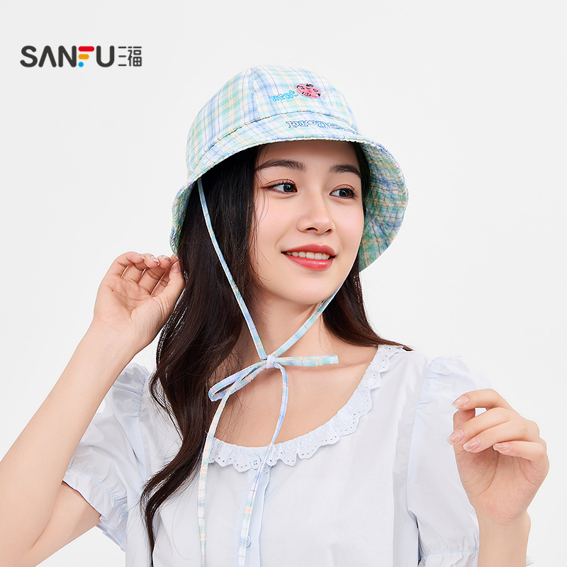 三福趣味格纹渔夫帽 休闲文艺造型服饰配件帽子遮阳帽843028
