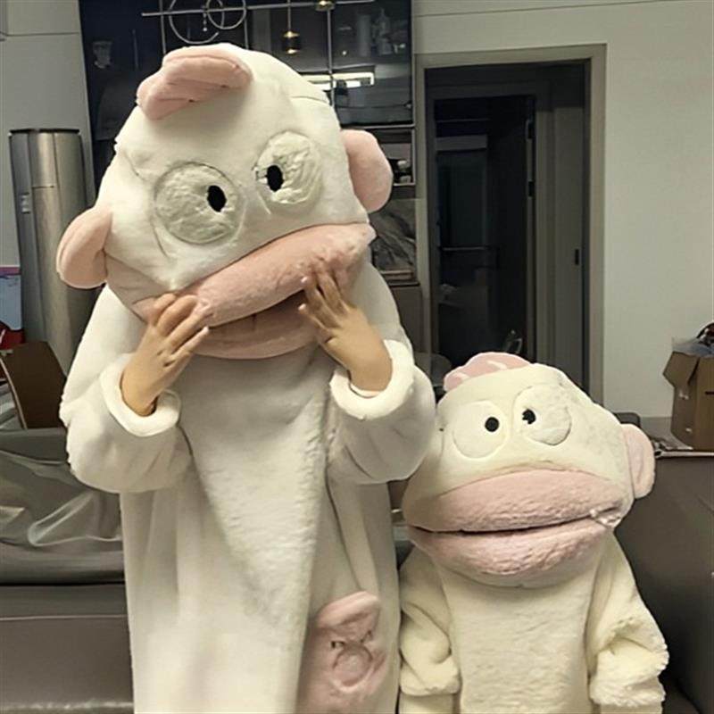 汉顿丑鱼睡衣连体睡衣珊瑚绒加厚秋冬季卡通搞怪情侣睡袍长款柔软