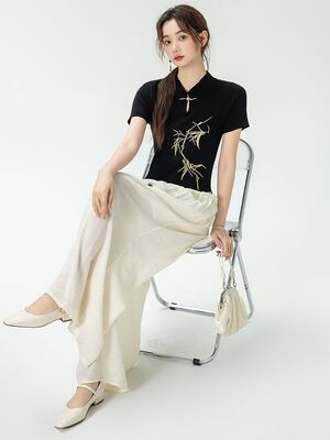 香朵儿服饰新中式国风盘扣短袖针织衫女夏季薄款刺绣设计感上衣