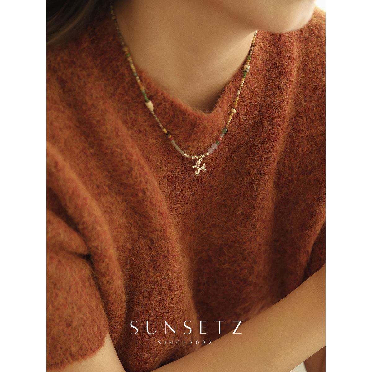 Sunsetz纯银气球小狗串珠项链女小众天然古董珠锁骨链送女友礼物