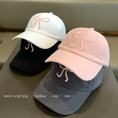 粉色棒球帽蝴蝶结女水洗帽子平檐显脸小鸭舌帽粉色款可爱时尚新款