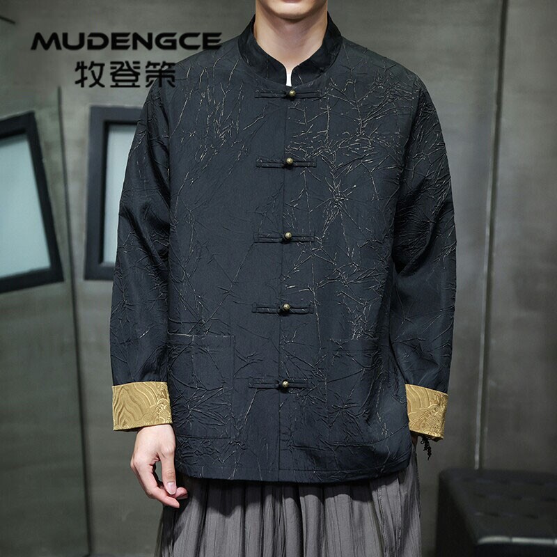 新中式立领衬衫男长袖复古唐装提花盘扣外套中式休闲复古风男装