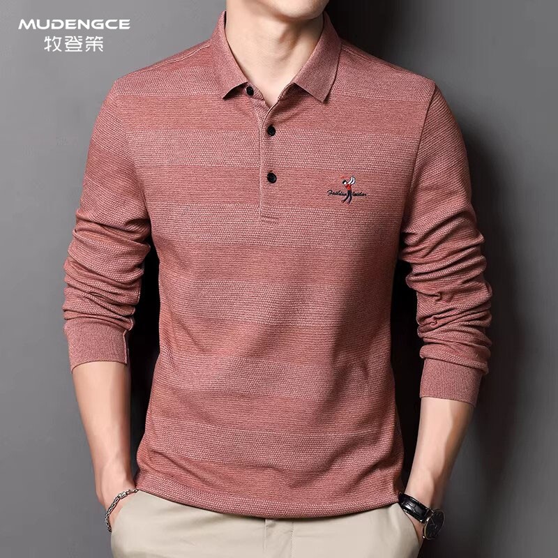 本命年红色长袖翻领POLO衫男士商务休闲风上衣中年爸爸装套头t恤