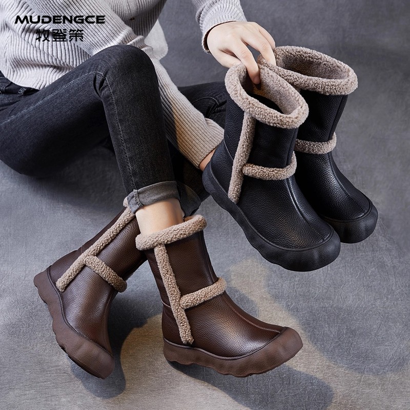 翻边真皮雪地靴女加绒保暖高帮一脚蹬短靴棕色厚底轻便休闲马丁靴