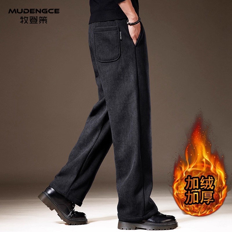 高端美式复古雪尼尔裤子男冬季重磅加绒机能风宽松直筒通勤长裤男
