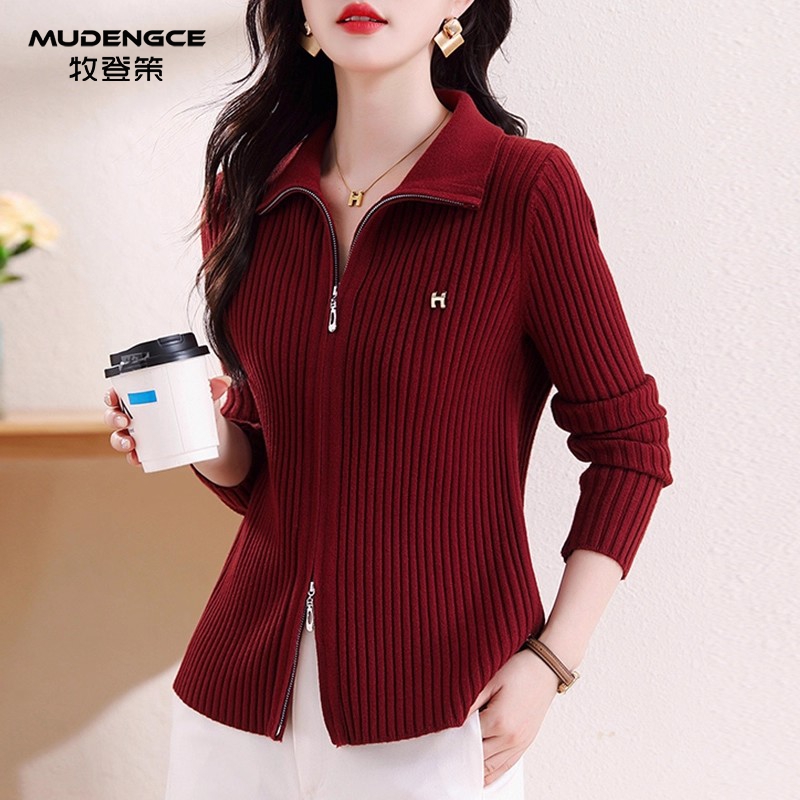 安哥拉红拉链毛衣外套女宽松保暖