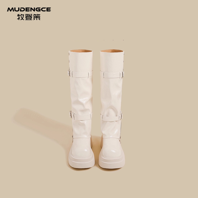 白色松糕骑士靴女防水台皮带扣