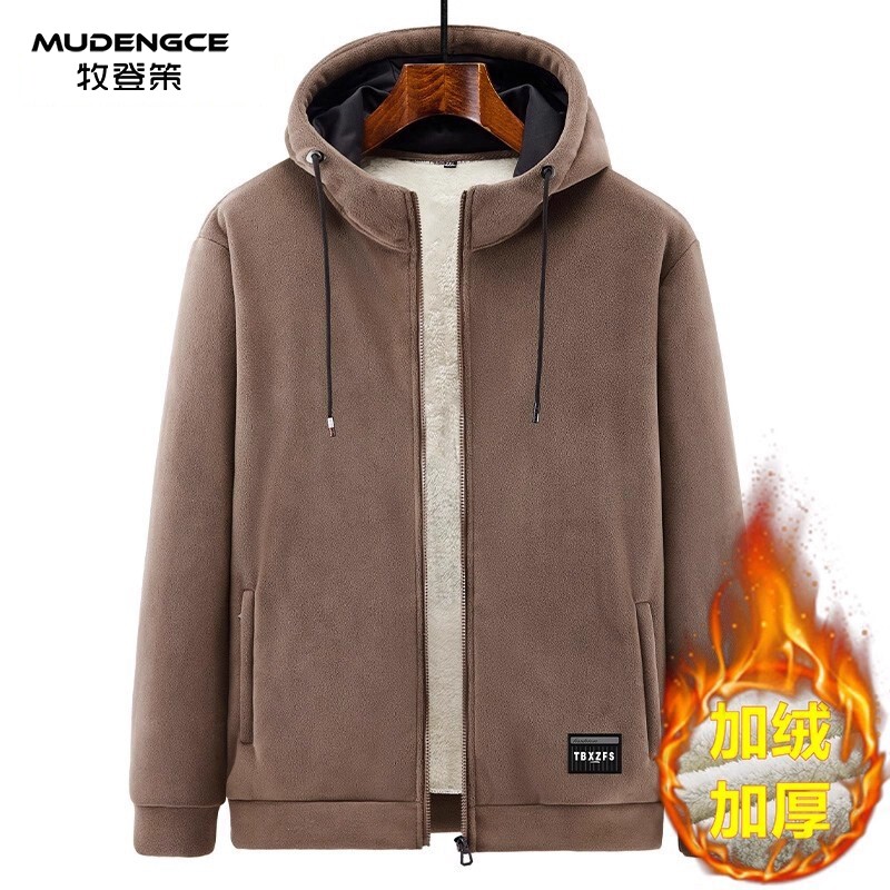 男士仿羊羔绒外套2025新款连帽宽松拼色设计软糯保暖街头夹克上衣