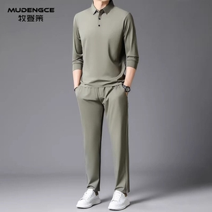 【龙马精神】极简风男长袖POLO衫休闲长裤两件套春秋商务运动套装