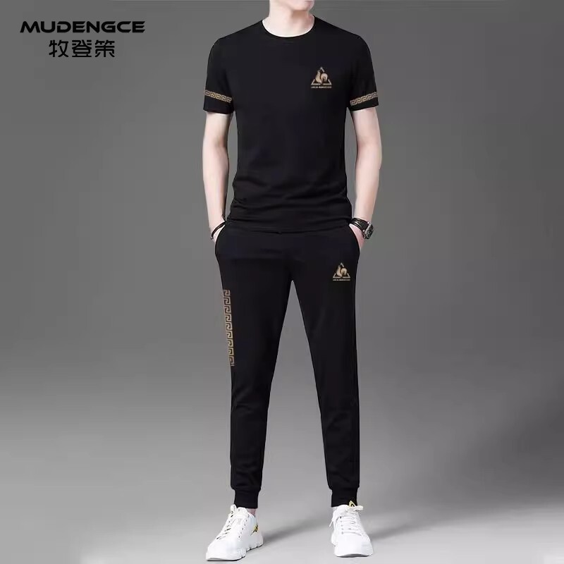 夏季圆领运动风套装男士冰丝薄款短袖T恤速干长裤跑步休闲两件套