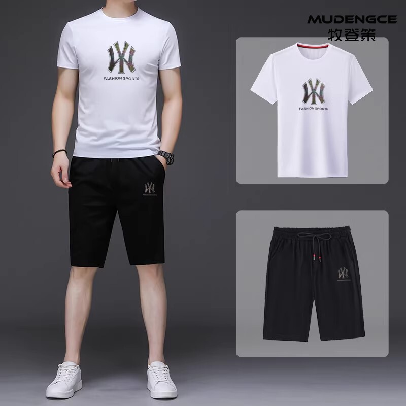 冰丝短袖T恤运动套装男士速干字母印花两件套圆领运动穿搭五分裤