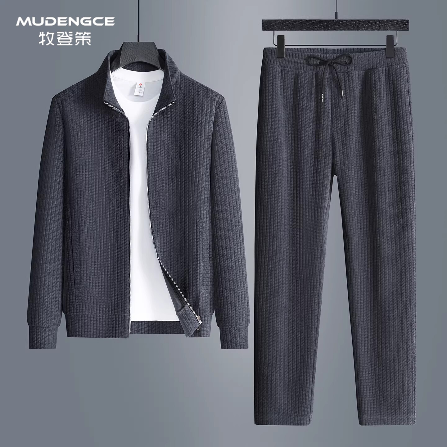 户外立领夹克长裤两件套男士春秋新款运动风抽绳休闲套装开衫外套