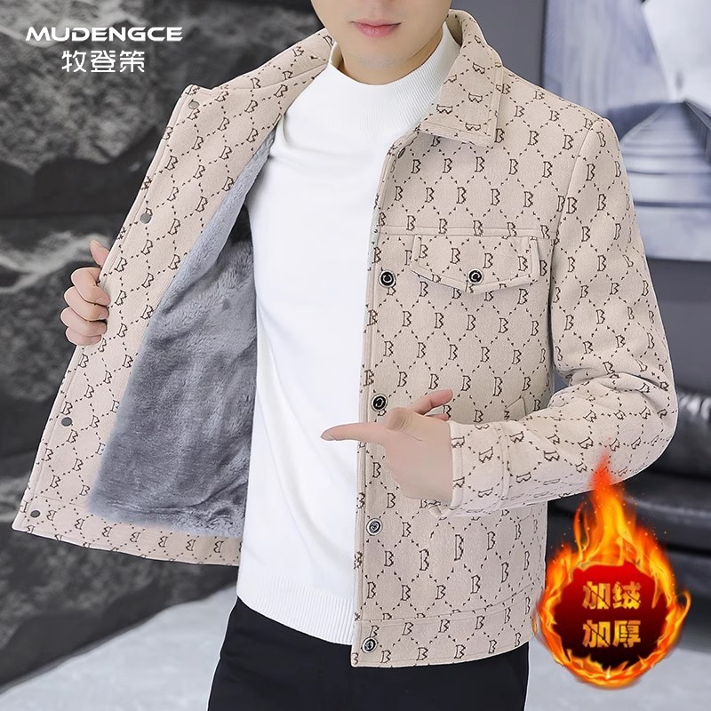 翻领夹克男士秋冬季韩版修身格子短款风衣高级感加绒加厚休闲外套