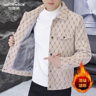 翻领夹克男士秋冬季韩版修身格子短款风衣高级感加绒加厚休闲外套