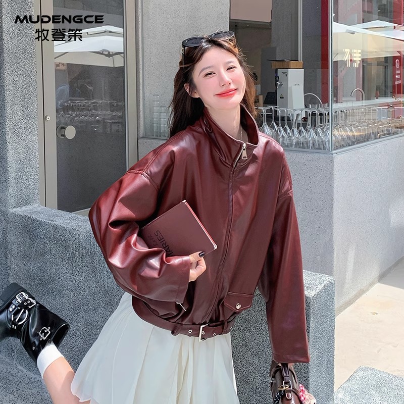 韩系PU皮衣外套女高级感气质百搭立领机车服新款显瘦皮夹克上衣