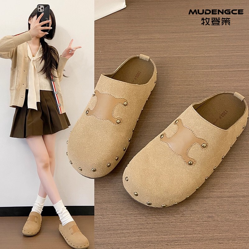 复古铆钉勃肯鞋女厚底加绒包头半拖鞋外穿平底一脚蹬懒人穆勒鞋