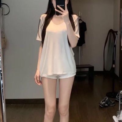 莫代尔棉短袖T恤女显瘦白色宽松版夏季韩版宽松显瘦低领休闲上衣