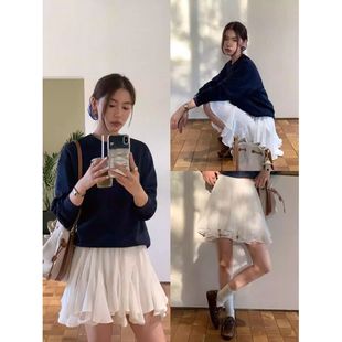 白色a字蓬蓬裙半身裙女减龄高腰显瘦设计感韩版新款不规则短裙子