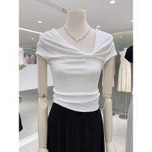 重磅纯棉T恤女夏季洋气新款别致独特设计感蝴蝶结一字领短袖上衣