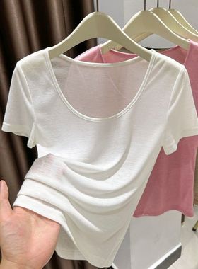 莫代尔天丝白色低领正肩短袖T恤女夏季皮肤衣上衣薄款内搭打底衫
