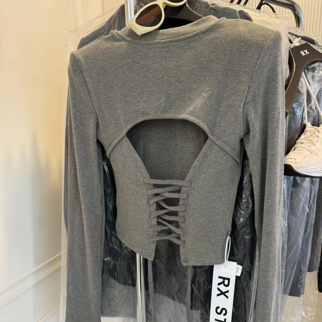 辣妹修身短款打底衫女露背绑带长袖上衣2025秋季新款韩版