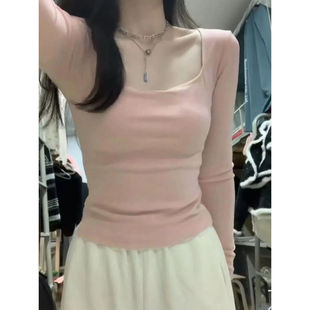 德绒方领长袖 保暖上衣潮 T恤女内搭秋冬加厚软糯辣妹纯欲风打底衫