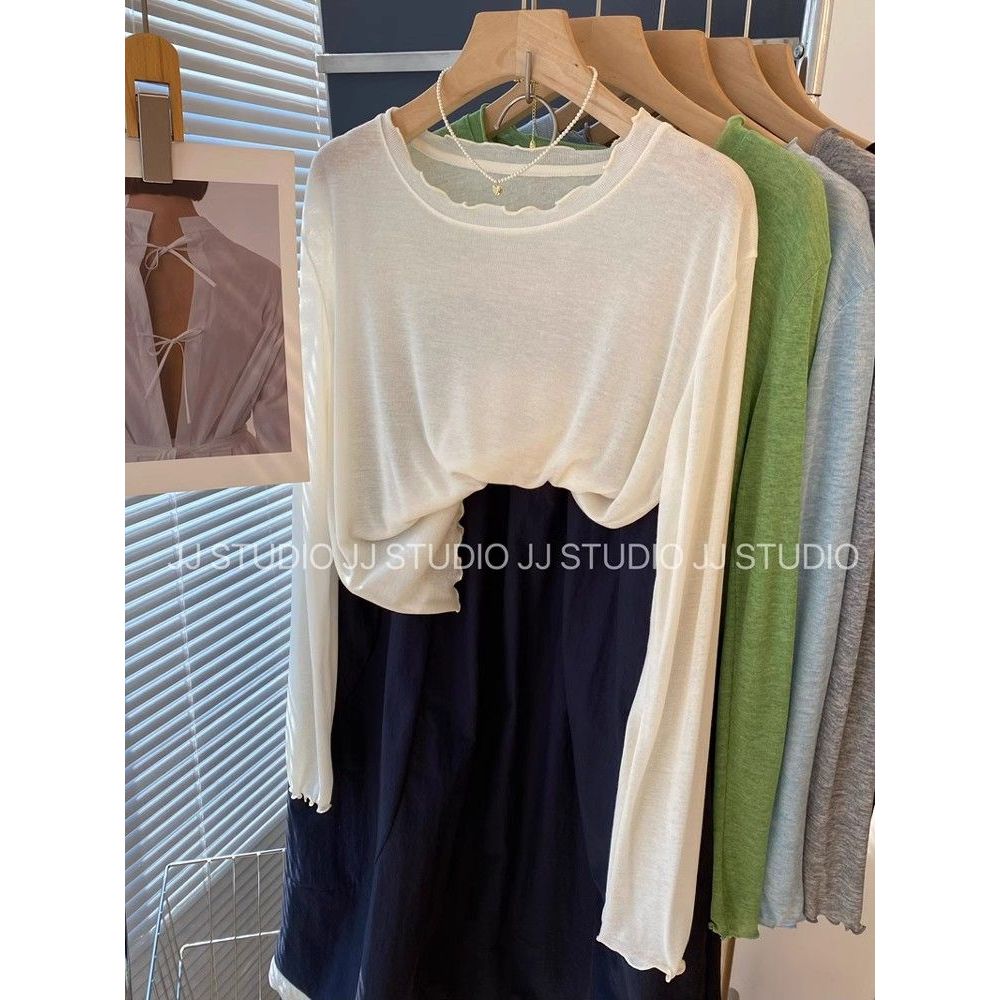 韩系甜美圆领木耳边长袖T恤女春夏季百搭舒适叠穿软糯薄款打底衫