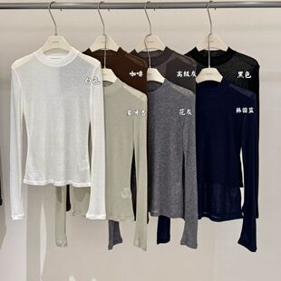 天丝白色立领长袖t恤女2026新款秋冬半高领打底衫微透内搭上衣薄