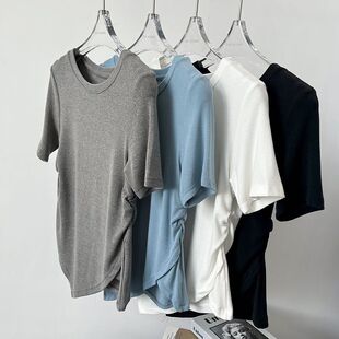 莫代尔棉褶皱上衣小心机下摆侧开叉不规则别致设计感短袖T恤女夏