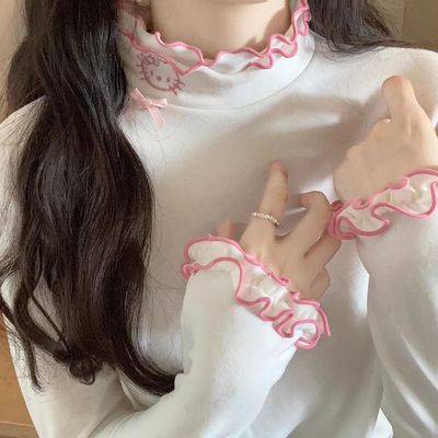 秋冬季磨毛发热保暖德绒打底衫女设计感加厚木耳边半高领内搭上衣